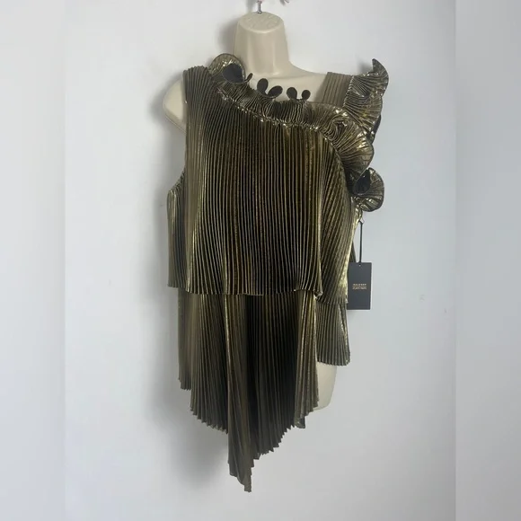 NEW Halogen X Atlantic-Pacific Large Pleated Asymmetrical Gold Black Lame Blouse - Picture 3 of 16